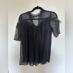 Sheer Polka Dot Lace Yoke Blouse - Black